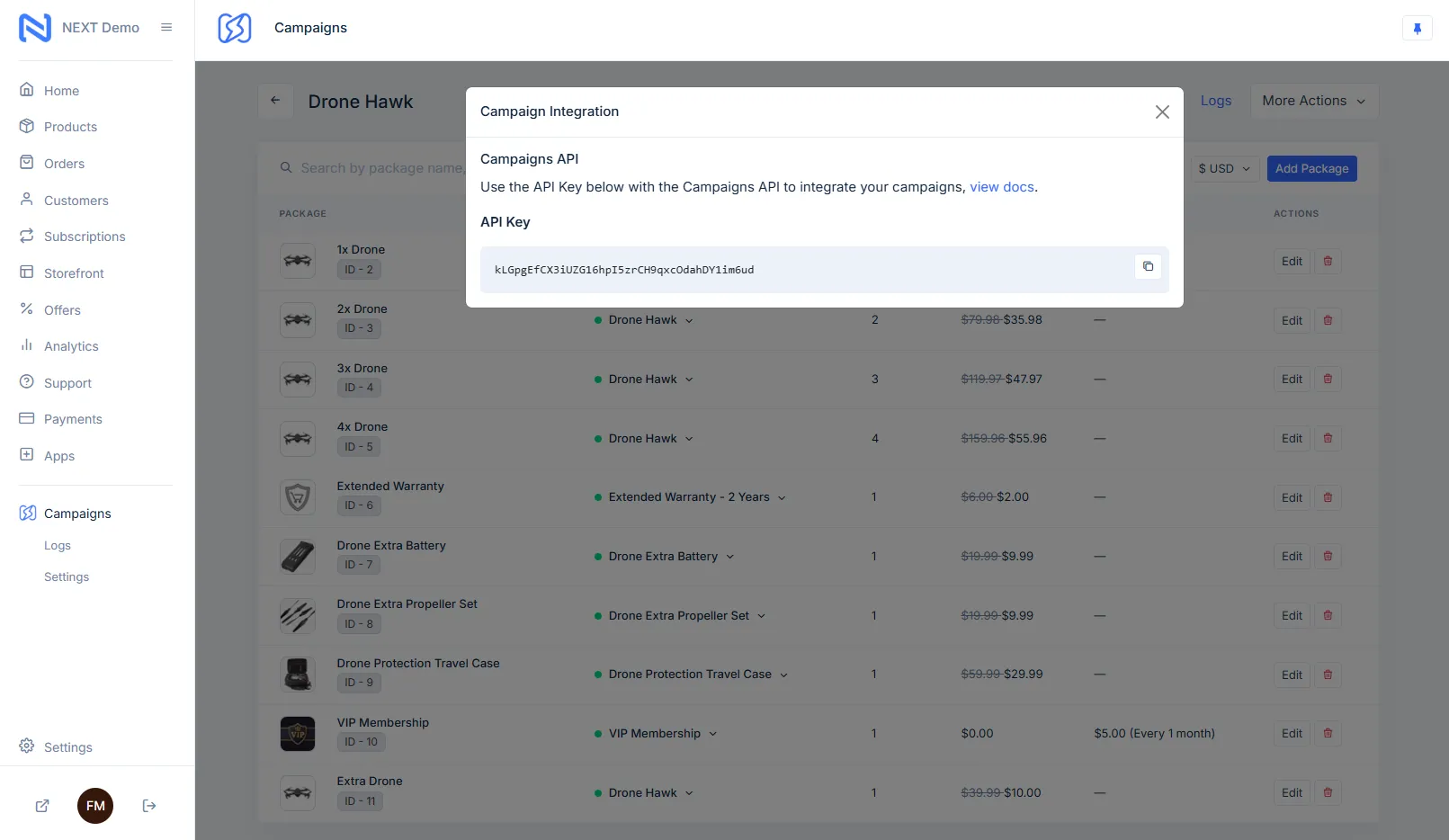 Getting your API key from the Campaign Integration dialog